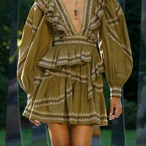 SOLD NWOT Women's Ulla Johnson Anais Ruffle V-Neck Mini Dress in Olive M $745